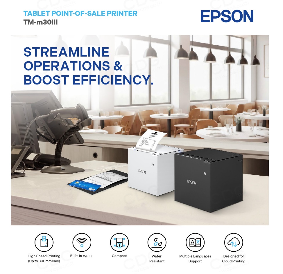 Epson TM-M30III (152A0) USB + Wi-Fi + Bluetooth Model Black Thermal Receipt Printer