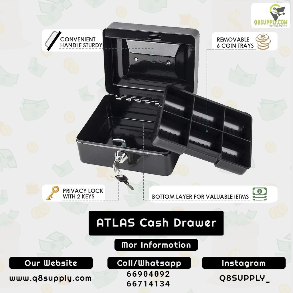 Atlas AS-CB-3002 Cash Box W300mm X L240mm X H90mm - Black صندوق أطلس النقدي