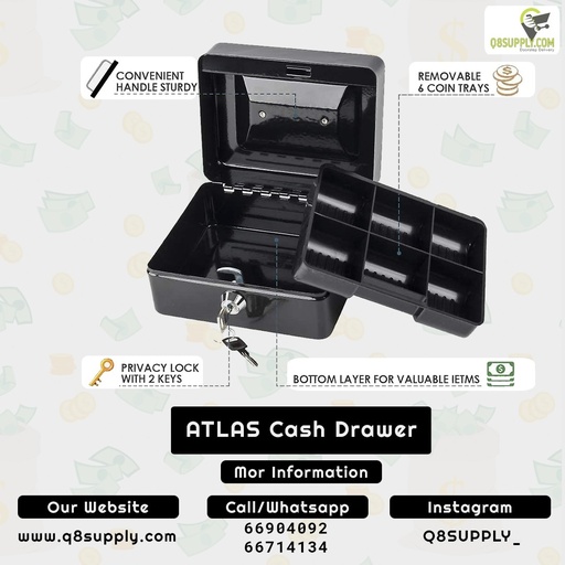 Atlas AS-CB-3002 Cash Box W300mm X L240mm X H90mm - Black صندوق أطلس النقدي